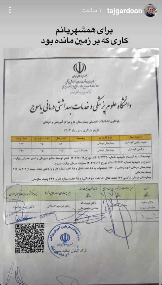 خبر خوش تاج‌گردون؛ بعد از ۳ سال تشکیلات بیمارستان نرگسی تفکیک شد+سند