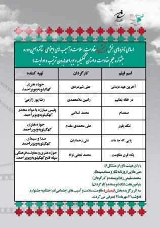 نامزدهای بخش داستانی و انیمیشن در جشنواره فیلم مقاومت استان کهگیلویه و بویراحمد معرفی شدند نامزدهای بخش داستانی و انیمیشن در جشنواره فیلم مقاومت استان کهگیلویه و بویراحمد معرفی شدند