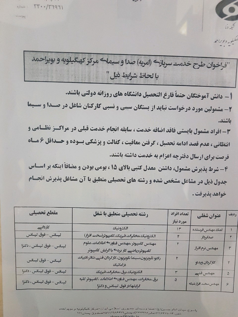 فراخوان طرح خدمت سربازی (امریه) در صداوسیمای مرکز استان کهگیلویه وبویراحمد