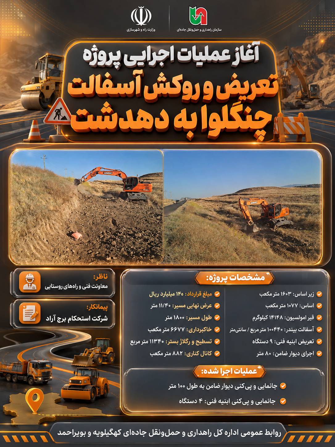 آغاز عملیات اجرایی پروژه تعریض و روکش آسفالت محور چنگلوا به دهدشت توسط راهداری/تشکر و قدردانی مدیرکل راهداری استان از حمایت‌های مؤثر سید محمد موحد و استاندار